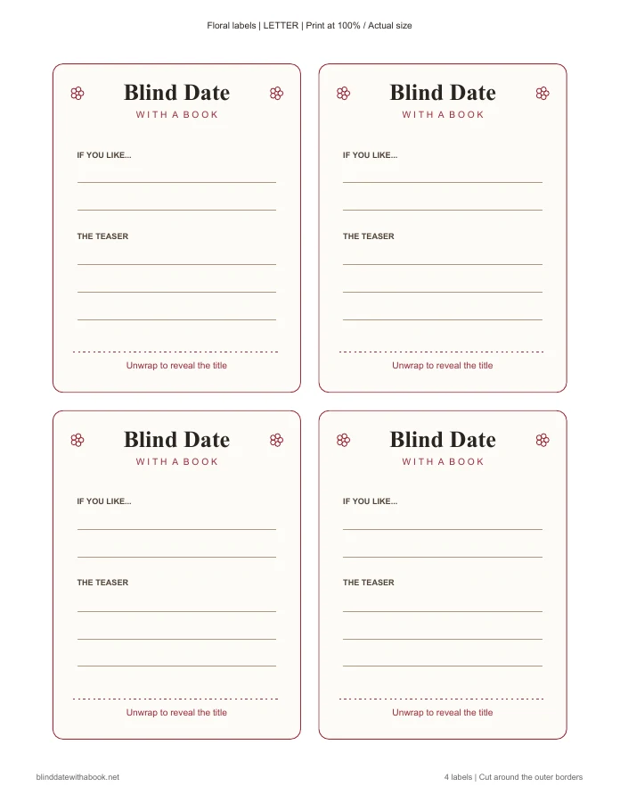 Floral: four blank labels on a US Letter sheet