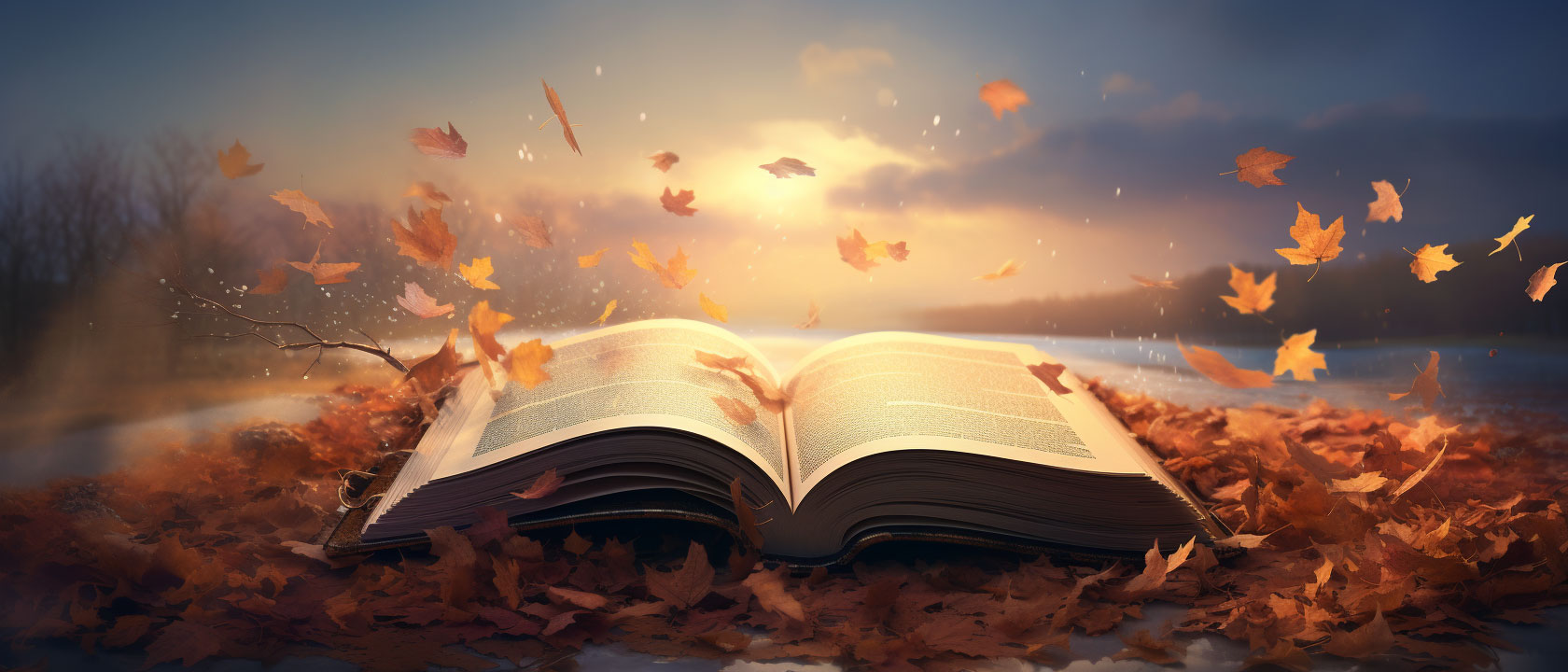 Book in front of sunset with leaves falling