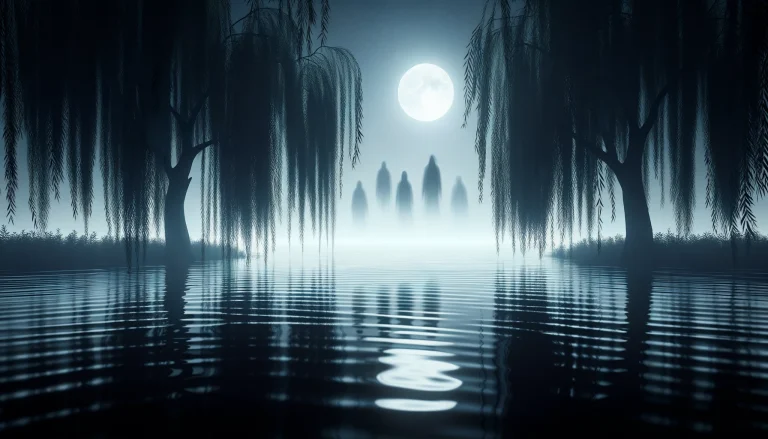 A serene moonlit lake with gentle ripples and silhouettes of willow trees lean towards the water