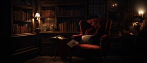 A dimly lit reading nook with a plush, red armchair