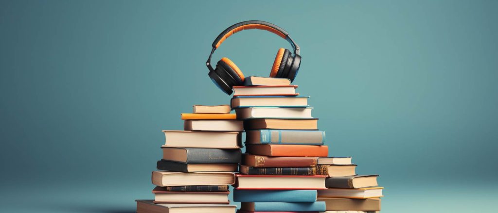 Headphones on a stack of books representing subvocalization