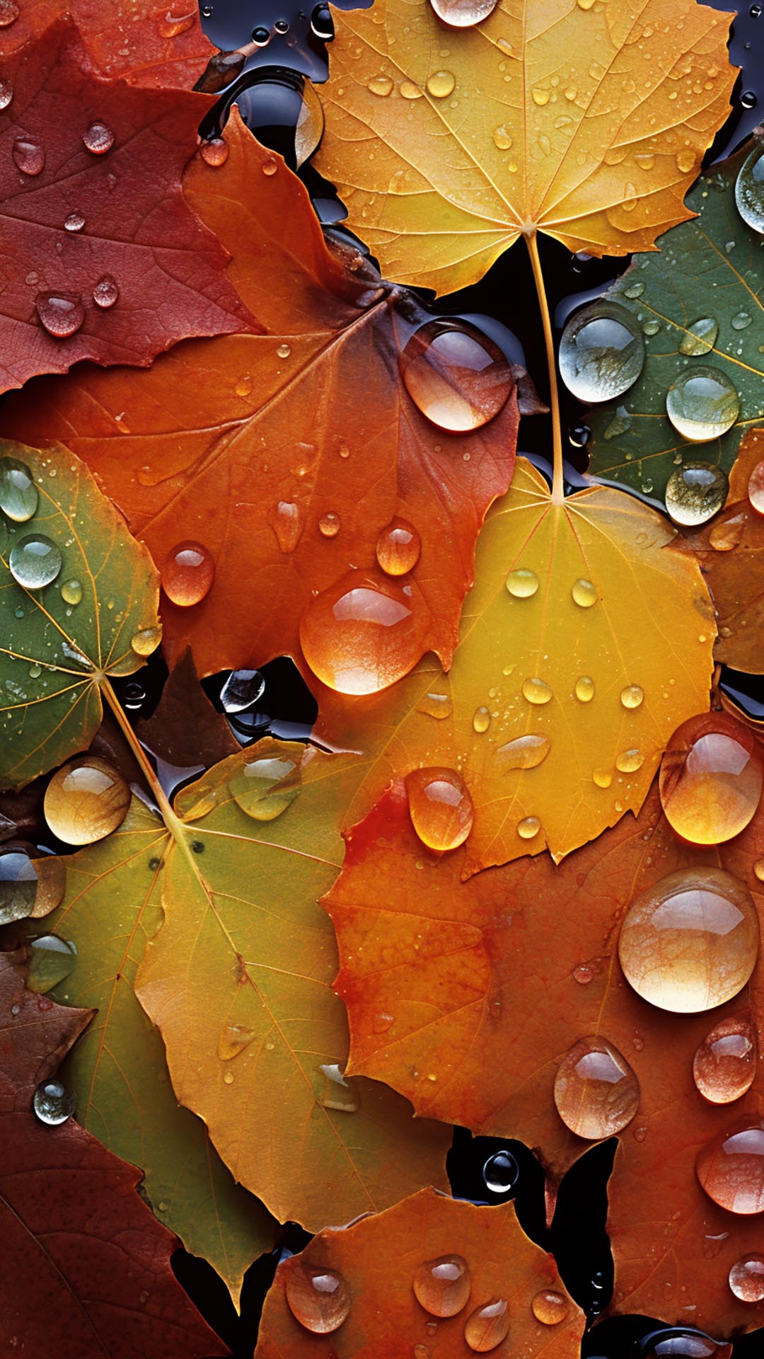 Greens, oranges, and yellows November leaves and water droplets wallpaper