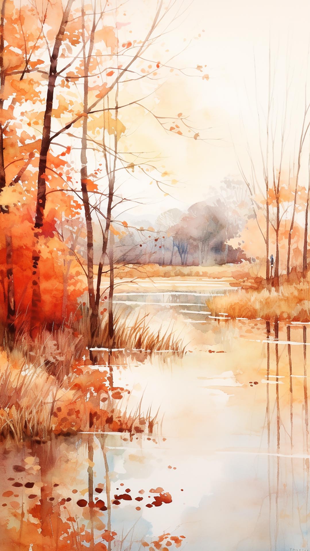 Lovely watercolor November trees and water wallpaper