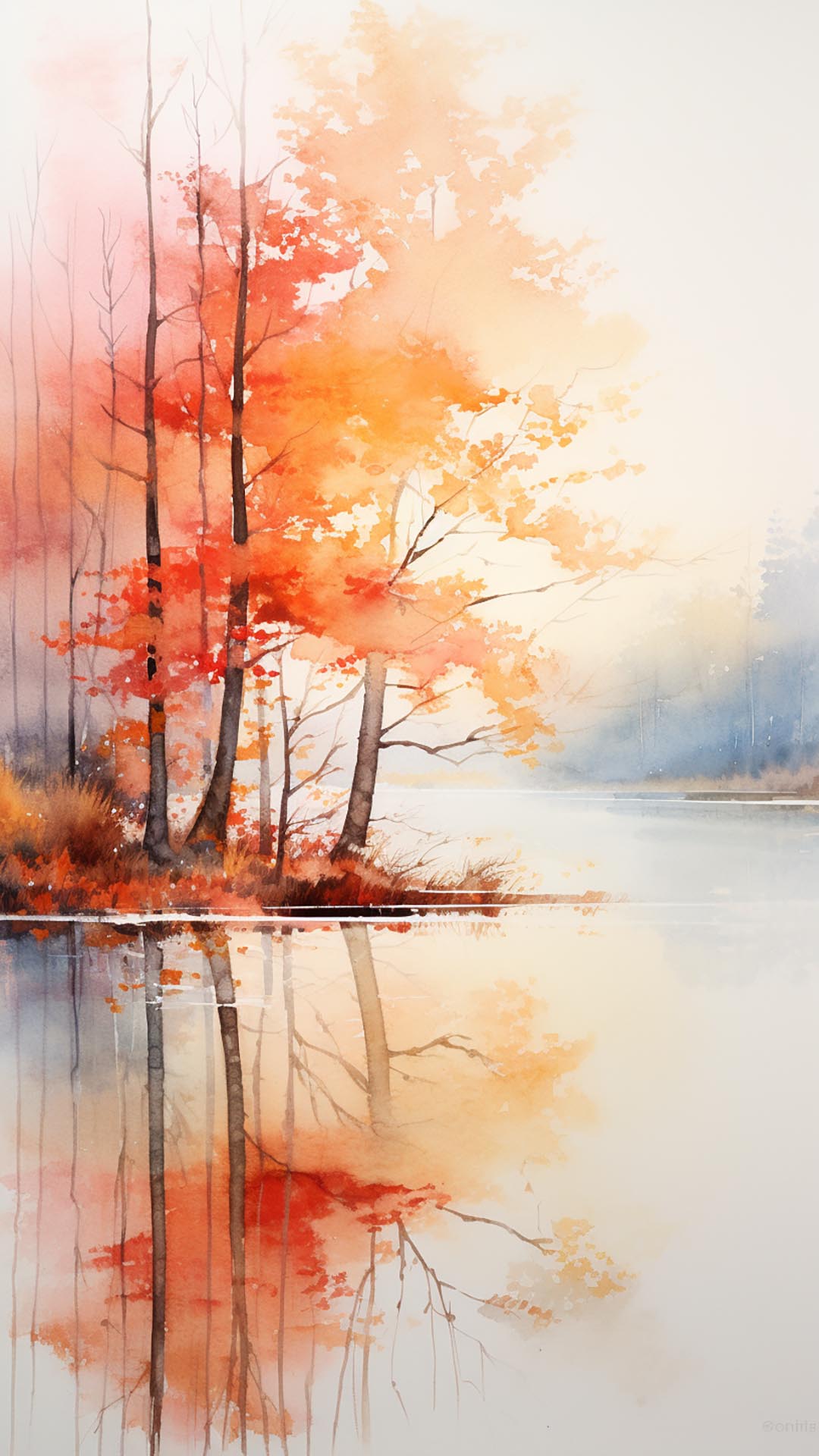 Watercolor November trees and water wallpaper