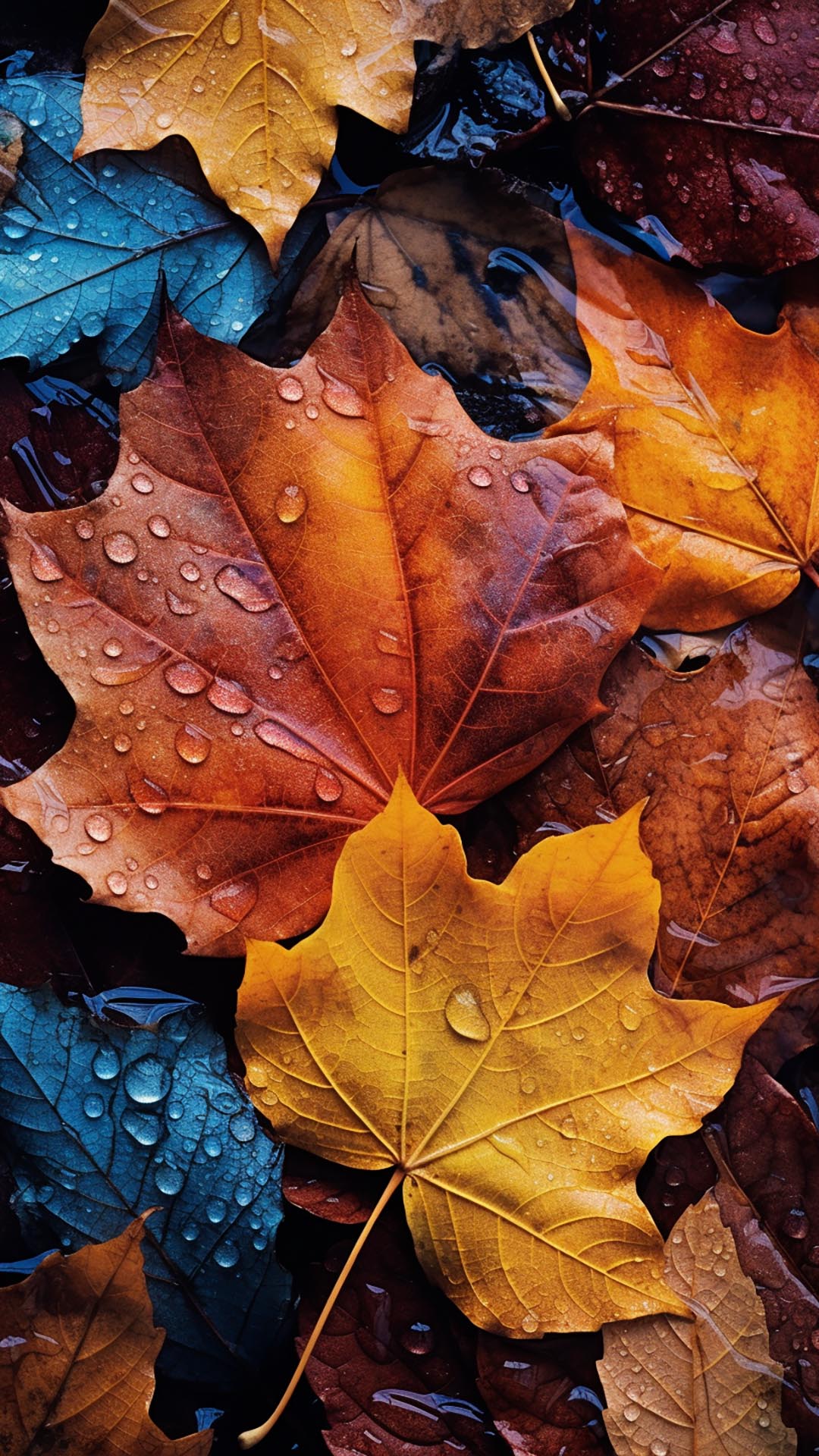 Orange and amber November leaves and water droplets wallpaper