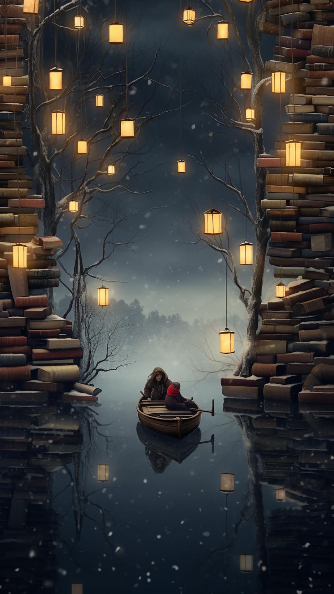 Lanterns and mist behind stacks of books in the dark