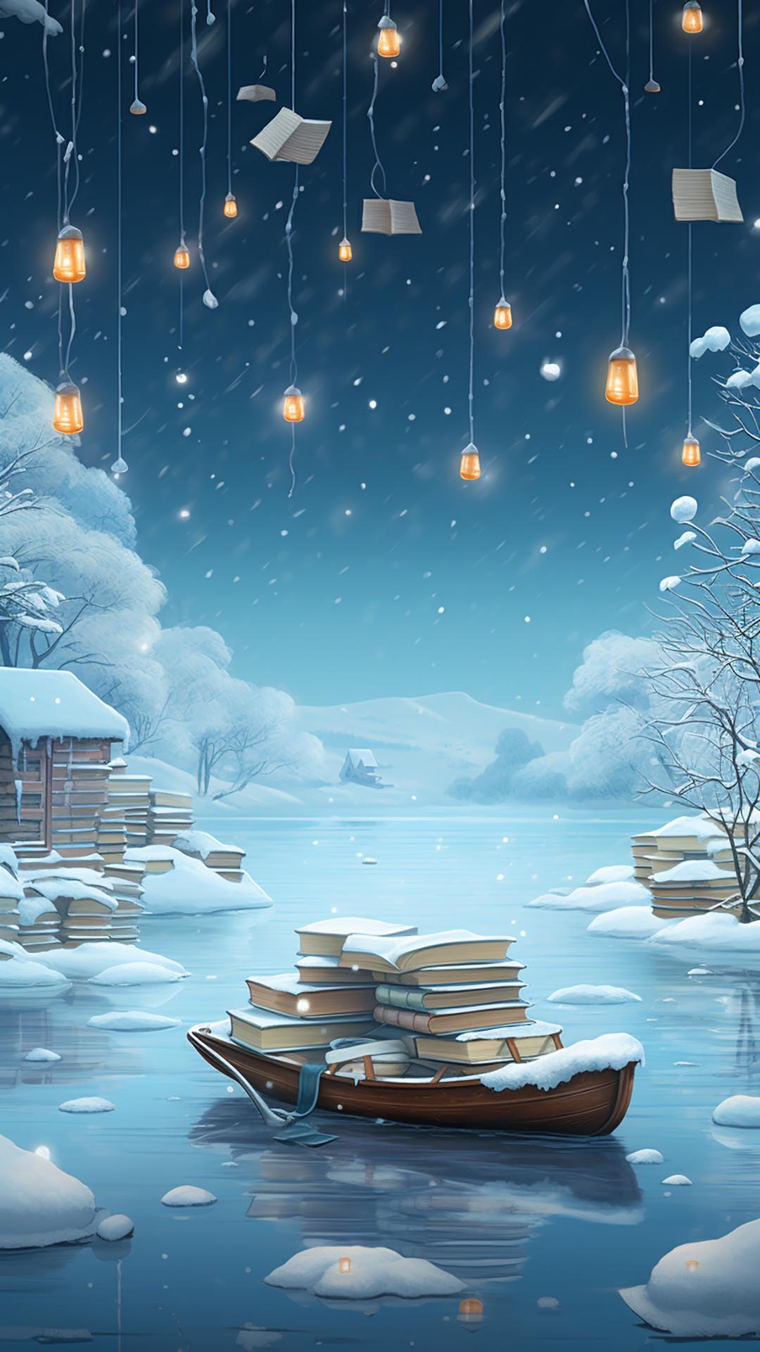Snowy night with lanterns and books near water wallpaper