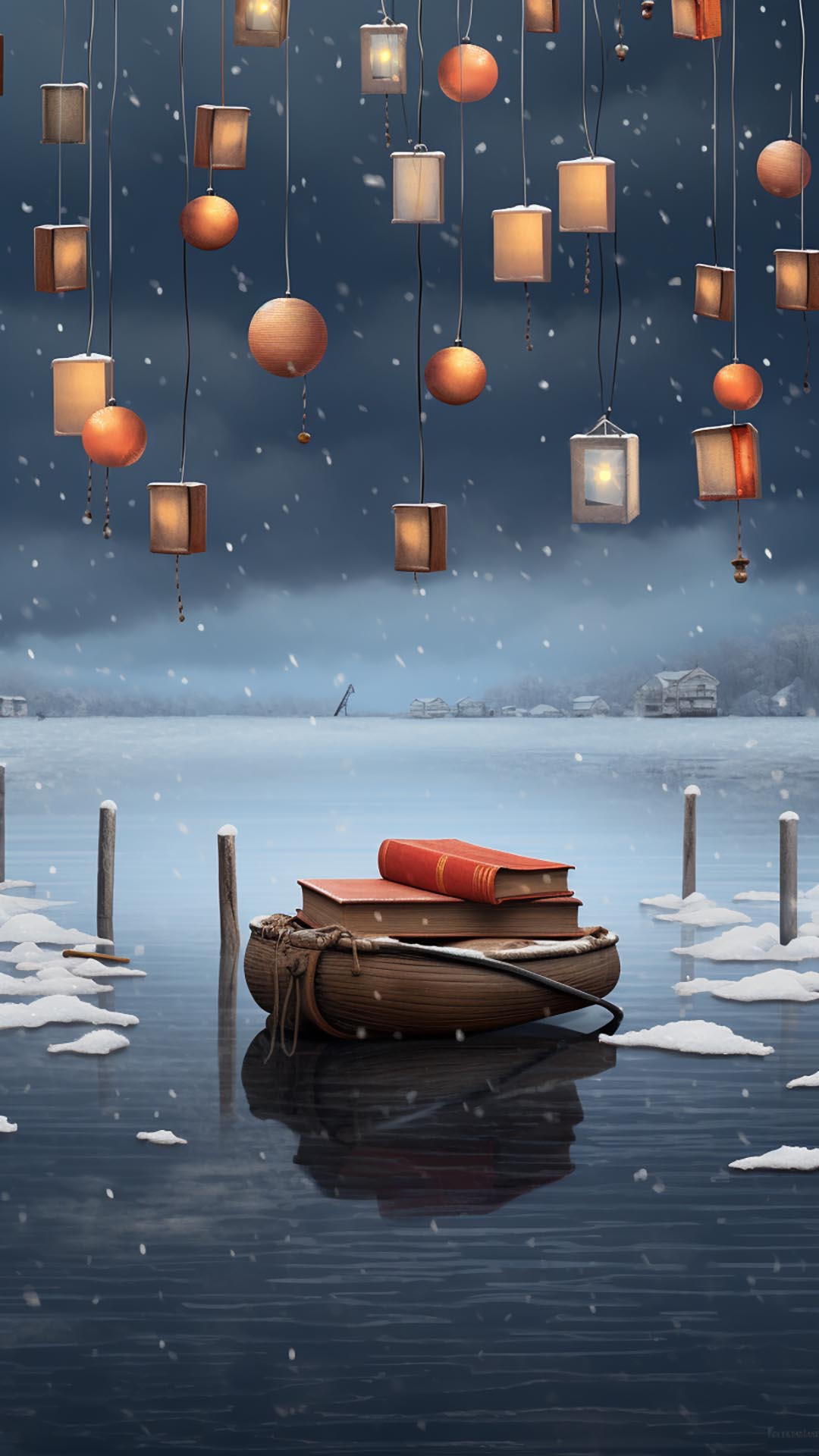 Floating lanterns over small boat carrying books wallpaper