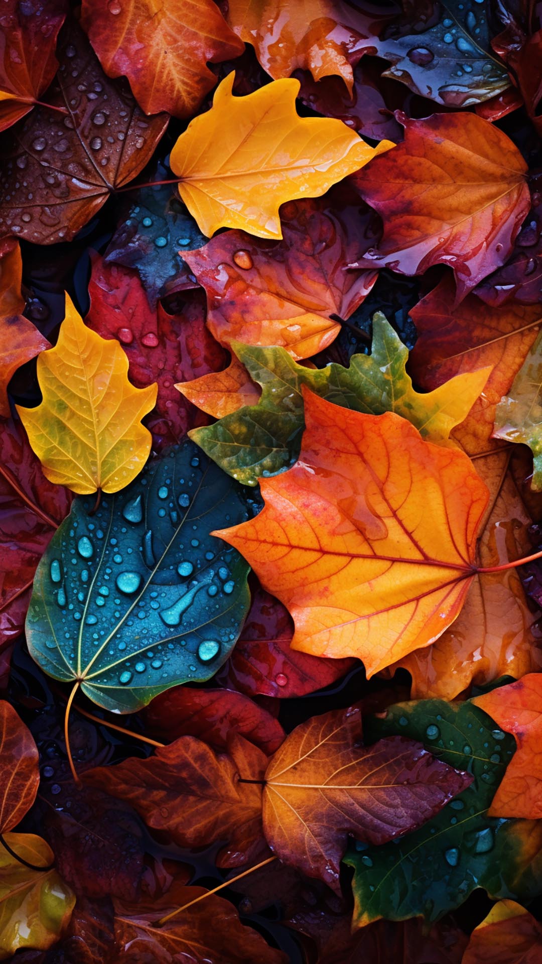 Colorful November leaves and water droplets wallpaper
