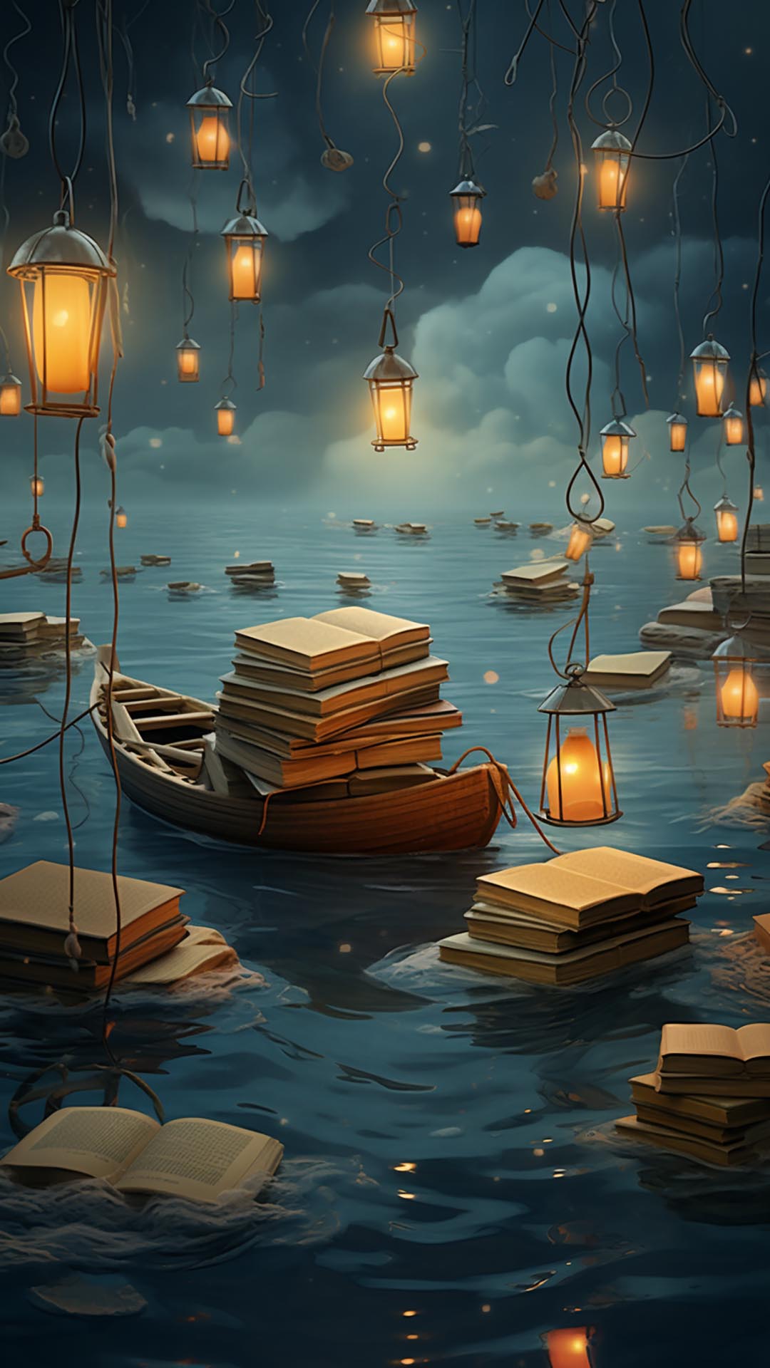 Small boat with floating books wallpaper