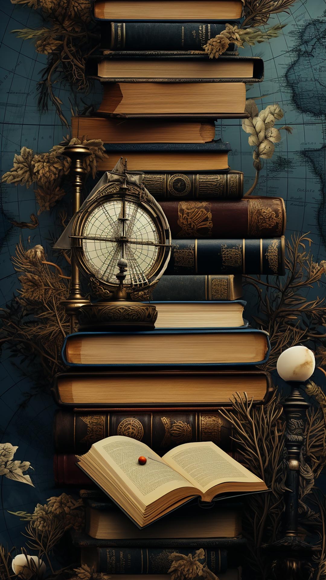 Books and compass wallpaper