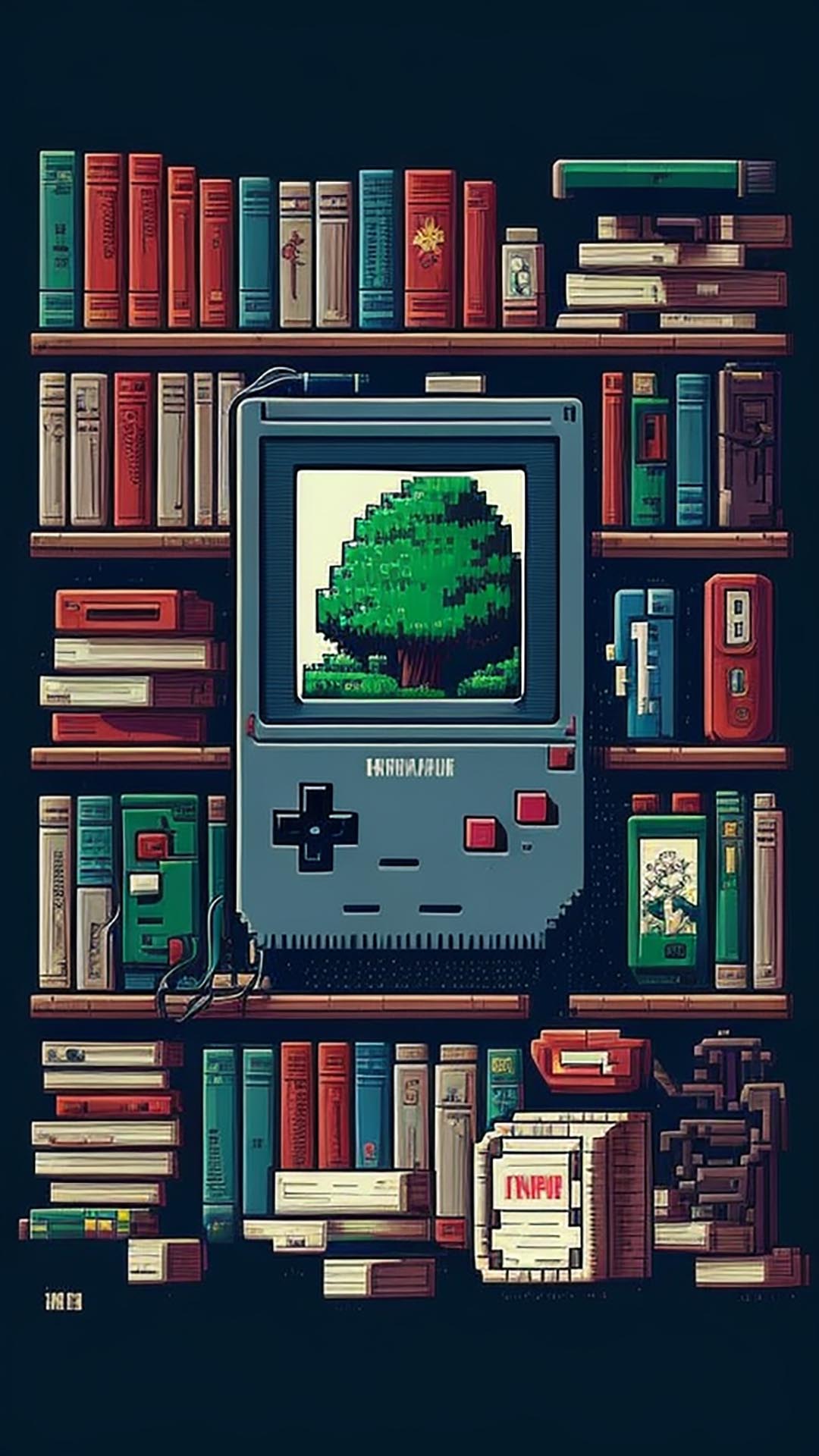 Retro GameBoy pixel art and bookshelf wallpaper