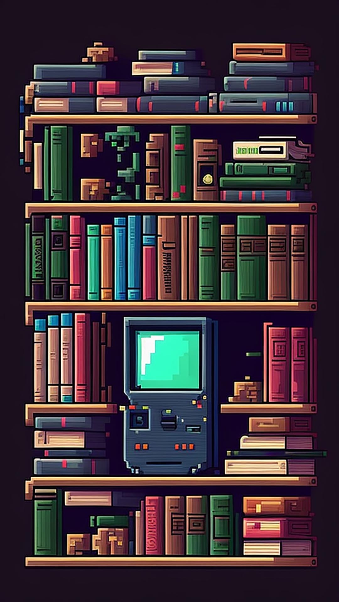 Retro handheld game console pixel art and bookshelf wallpaper
