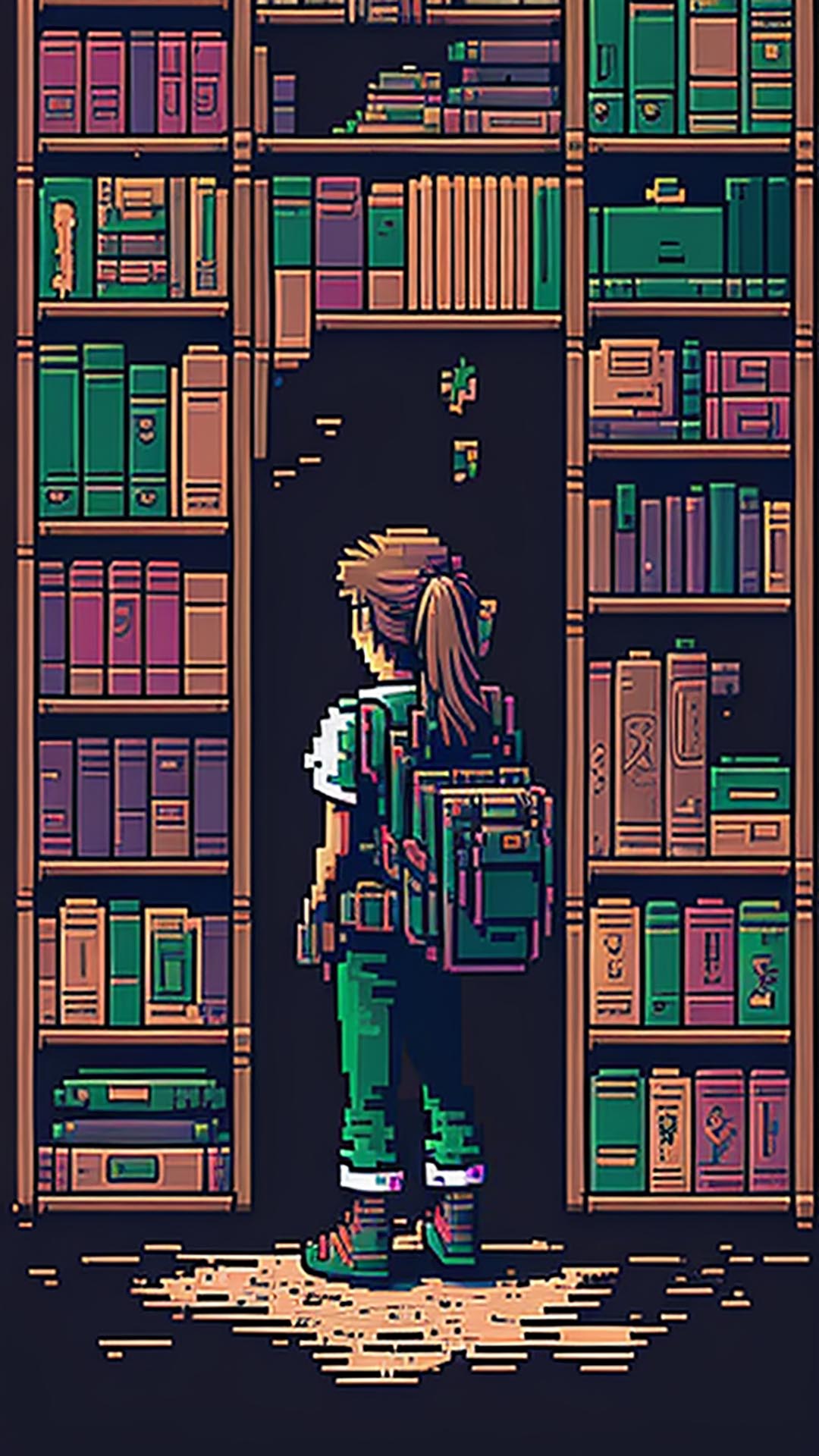Retro pixel art feminine figure with backpack and bookshelf wallpaper