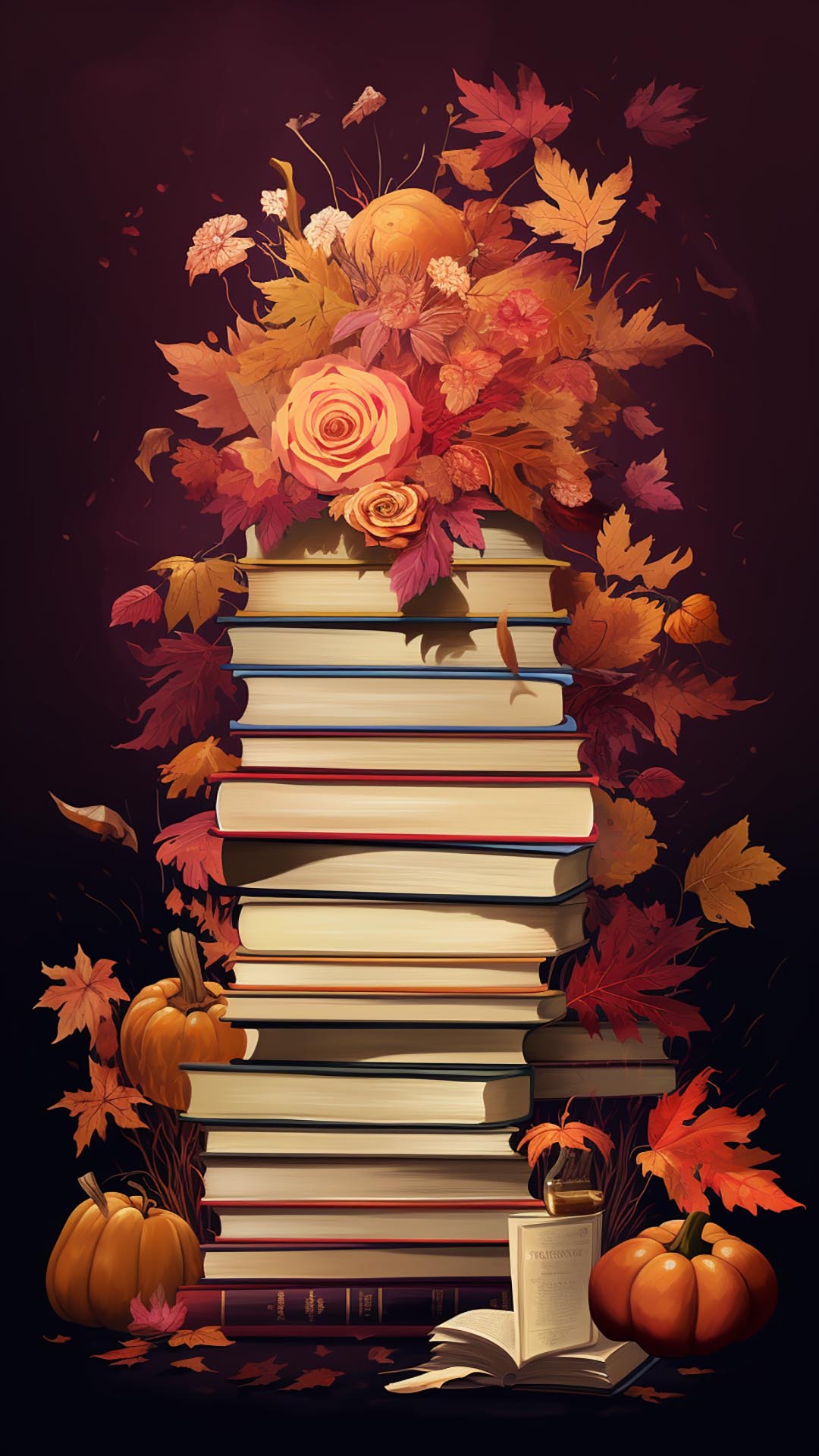 Orange flowers and leaves around bookstack wallpaper