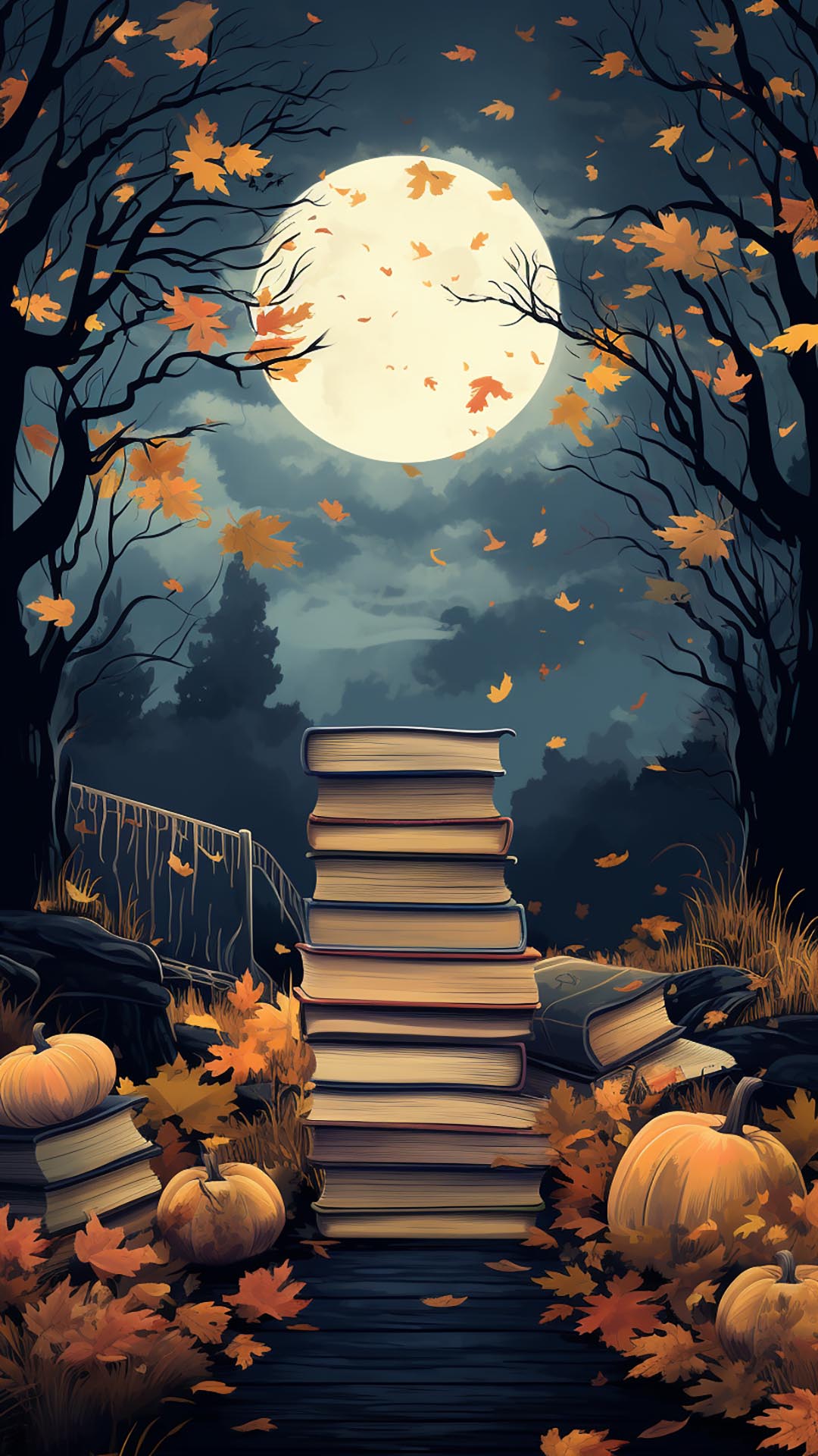 Mystical bookstack and moon wallpaper