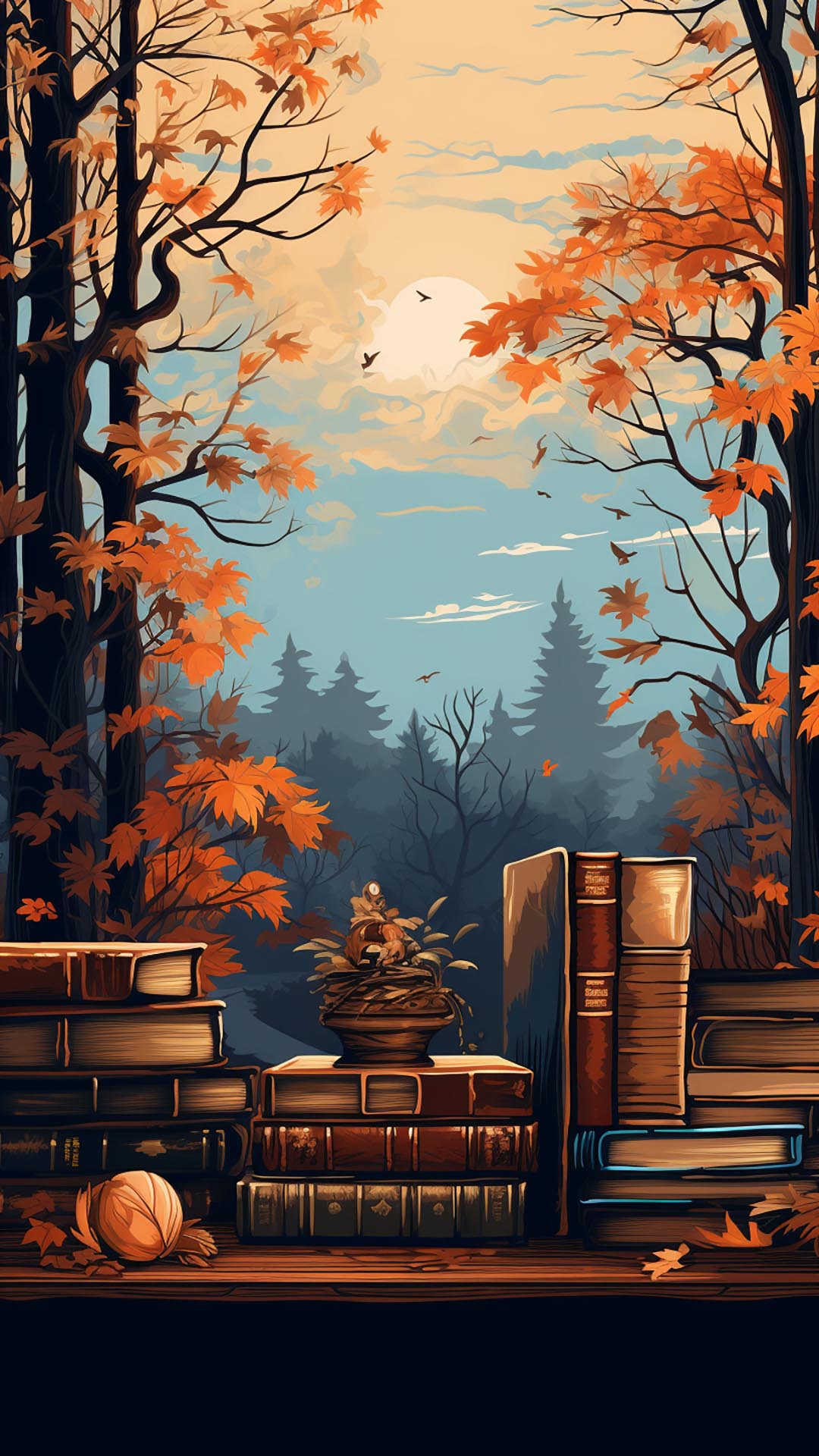 Autumn/fall scenery with books wallpaper
