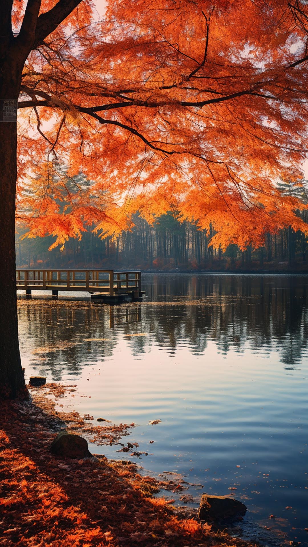 Bright orange tree leaves over reflecting water